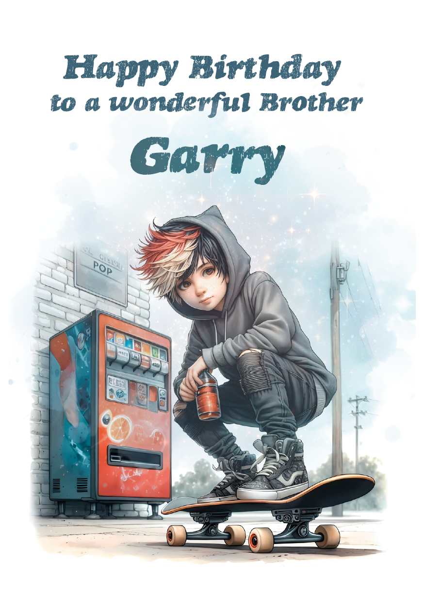 Illustration of a person on a skateboard with a birthday message to 'Garry' in front of a vending machine. Personalised for name age and relation.