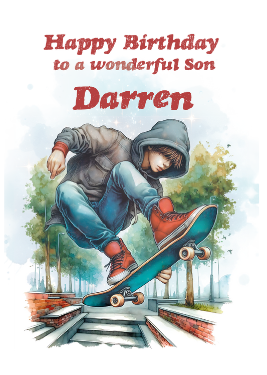 Birthday card with a skater doing a trick, text 'Happy Birthday to a wonderful Son Darren' on a scenic background. Personalised for name age and relation.
