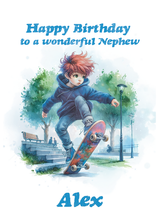 Birthday card with an animated character skateboarding, text 'Happy Birthday to a wonderful Nephew Alex' on a light blue background.Personalised for name age and relation.