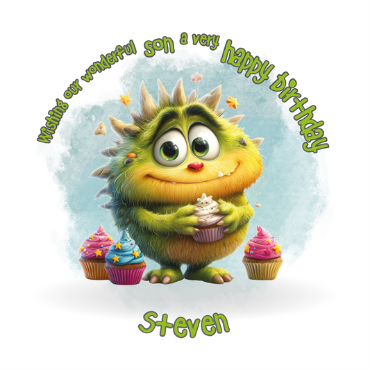 illustration of a green monster holding a cupcake and surrounded by more cupcakes. With personalised name and relation birthday wishes in a light green background