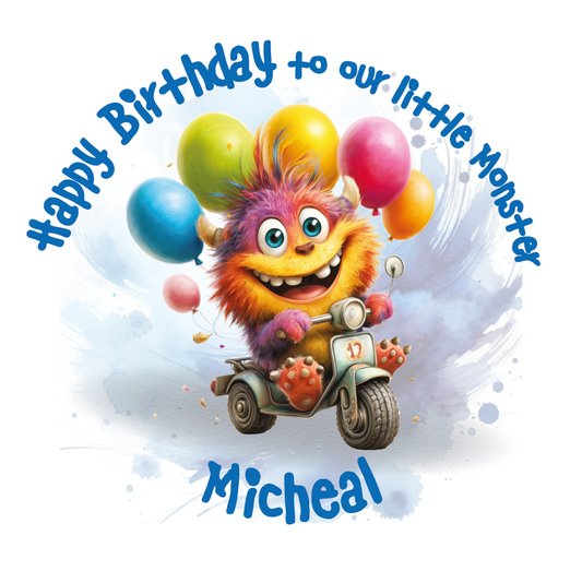 Colorful cartoon monster on a scooter with balloons and 'Happy Birthday to our little monster' text. Personalised for name and relation.