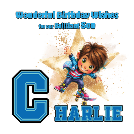 Birthday card with a child on a star, text 'Wonderful Birthday Wishes for our Brilliant Son CHARLIE', and a large letter 'C'. Personalised with name and relation birthday wishes