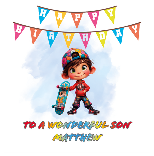 Birthday card with a child holding a skateboard, colorful flags, and Personalised with name and relation birthday wishes