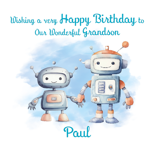 Birthday Card with an illustration of two robots holding hands with personalised name and relation birthday wishes