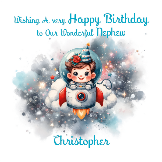 Birthday Card with an illustration of a boy in a space rocket wearing a party hat with personalised name and relation birthday wishes
