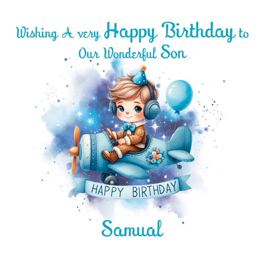Birthday card with a child in an airplane, balloons, and text on a white background Personalised for name and relation.