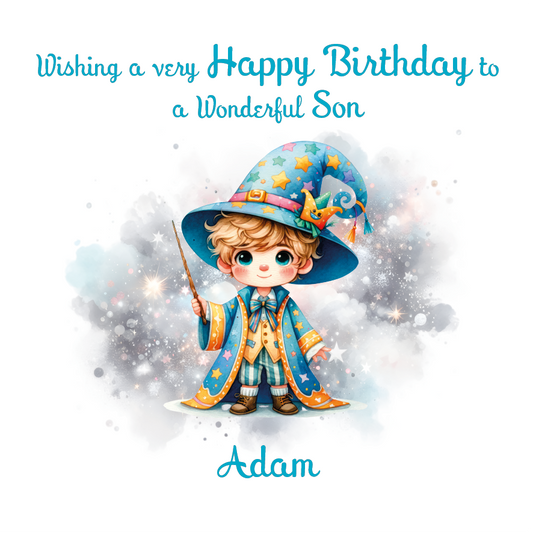 Birthday card with a wizard-themed illustration of a boy and text on a white background. Personalised for name and relation.