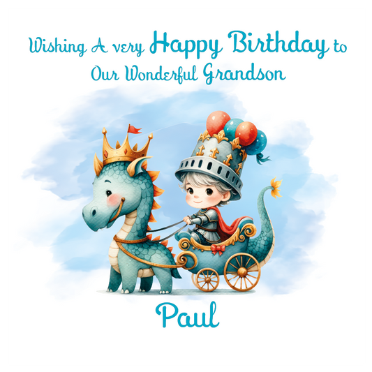Birthday card with a cartoon boy and dragon, wishing a happy birthday to a grandson named Paul. Personalised for name and relation.
