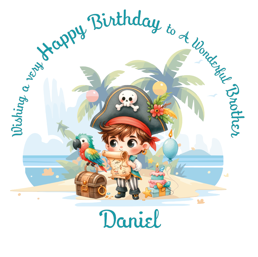 Cartoon Illustration of a pirate on a desert island with a parrot and a birthday cake and balloon with personalised name and relation birthday wishes.