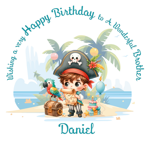 Cartoon Illustration of a pirate on a desert island with a parrot and a birthday cake and balloon with personalised name and relation birthday wishes.