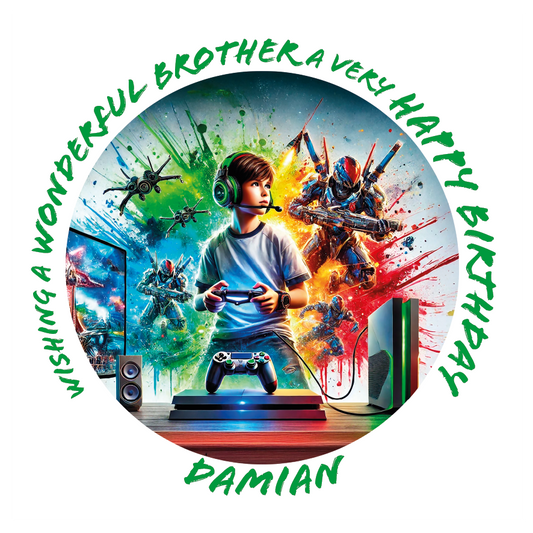 Circular birthday card with a boy playing video games, colorful splashes, and text wishing a wonderful brother a very happy birthday. Personalised for name age and relation.