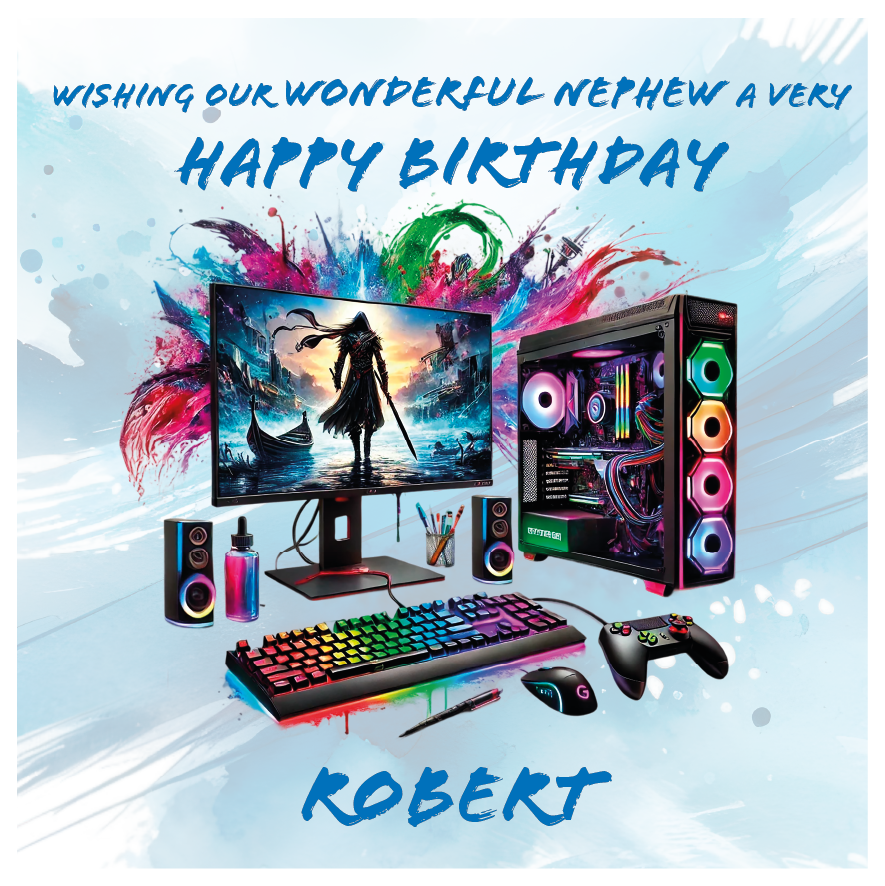 Gaming setup with monitor, keyboard, mouse, and RGB components on a colorful abstract background with birthday message. Personalised for name age and relation.