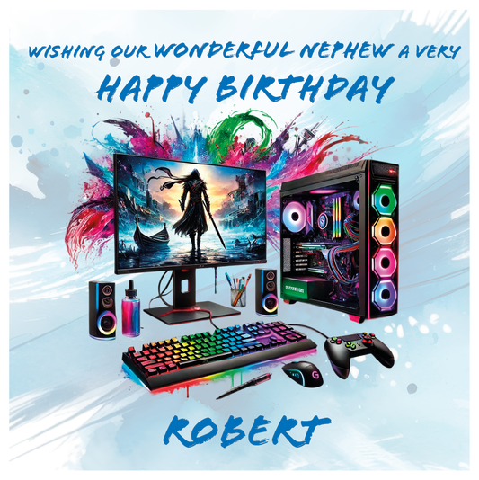 Gaming setup with monitor, keyboard, mouse, and RGB components on a colorful abstract background with birthday message. Personalised for name age and relation.