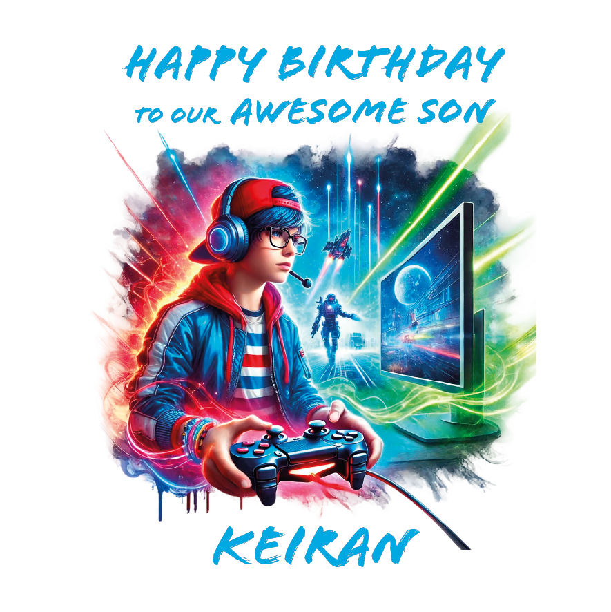 Birthday card for an awesome son with a person playing video games, colorful graphics, and text. Personalised for name age and relation.