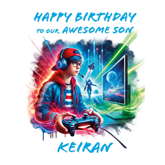 Birthday card for an awesome son with a person playing video games, colorful graphics, and text. Personalised for name age and relation.