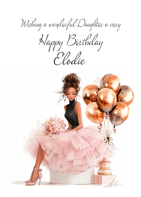 Birthday card with a woman in a pink dress holding balloons and flowers, with personalised text. Personalised with name and relation.