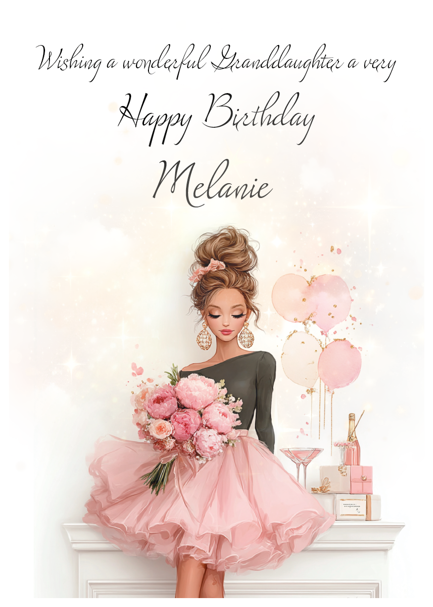 Birthday card with a woman in a pink dress holding flowers, surrounded by balloons and text. Personalised with name and relation.