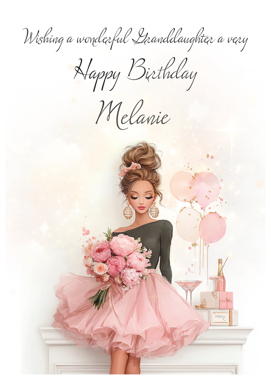 Birthday card with a woman in a pink dress holding flowers, surrounded by balloons and text. Personalised with name and relation.