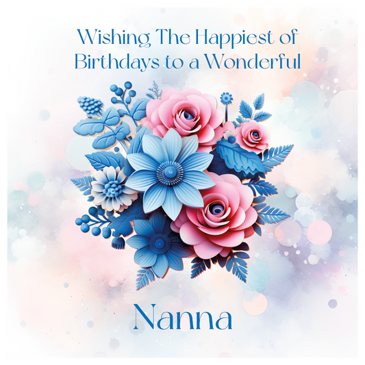 Greeting card with blue and pink flowers and text 'Wishing The Happiest of Birthdays to a Wonderful Nanna' on a light background. Personalised for name and relation