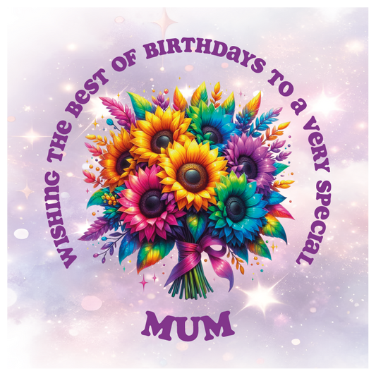Colorful bouquet of flowers with birthday message for a special mum on a light purple background. Personalised for name and relation