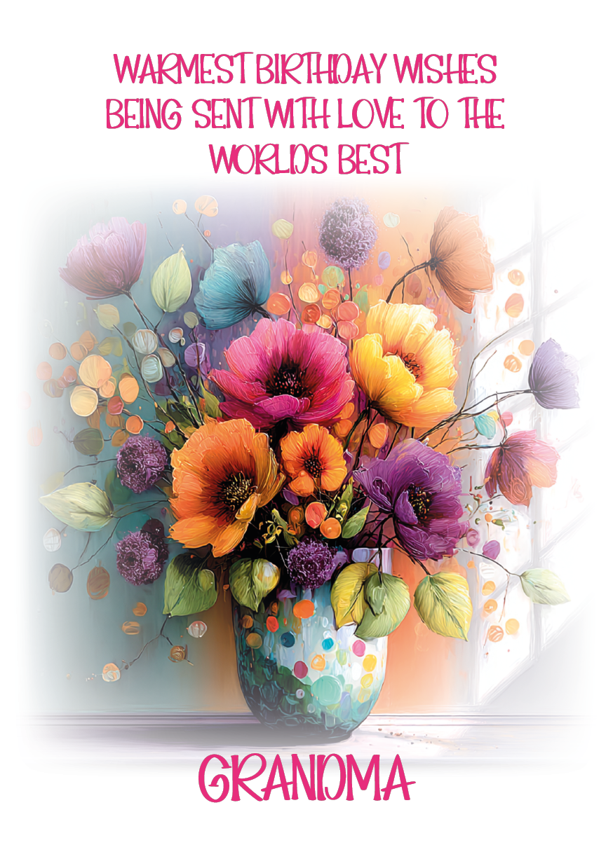Colorful bouquet of flowers with birthday message for 'Grandma' on a white background. Personalised for name and relation