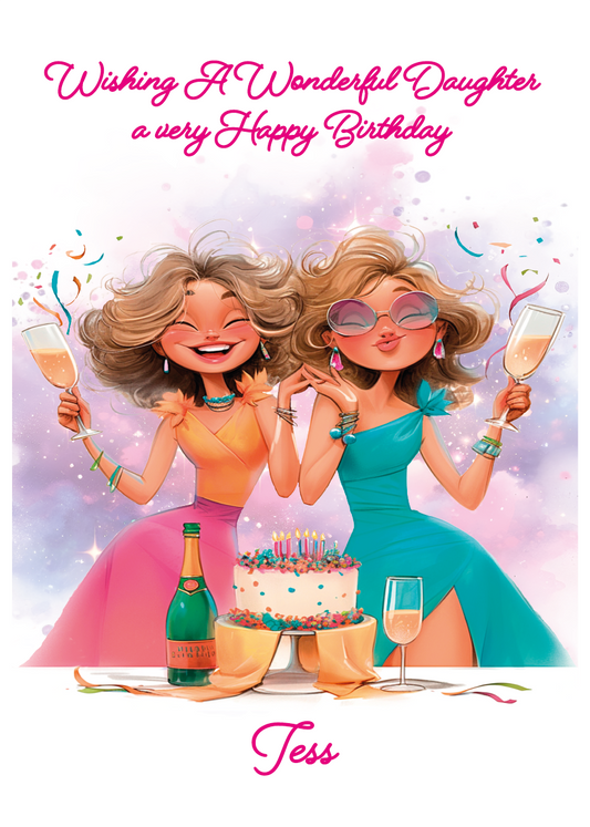 Cartoon illustration of two women celebrating a birthday with champagne and cake, with text 'Wishing A Wonderful Daughter a very Happy Birthday' and name 'Jess'. Personalised for name and relation