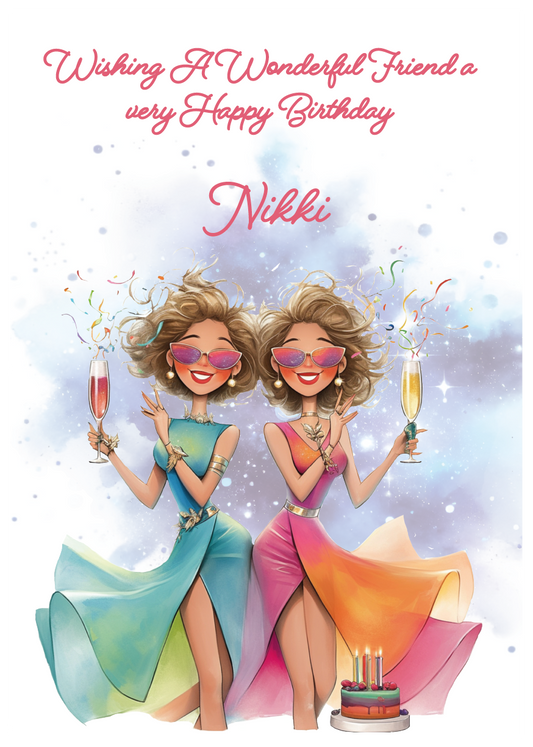 Birthday card with two women in colorful dresses and sunglasses, holding drinks and a cake, with 'Nikki' on a light blue background. Personalised for name and relation