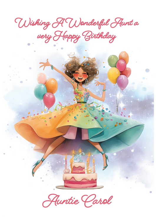 Birthday card with a colorful illustration of a woman and balloons, featuring the text 'Wishing A Wonderful Auntie a very Happy Birthday'. Personalised for name and relation