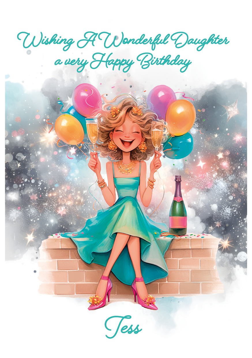 Birthday card with a woman holding balloons and a bottle of champagne, with personalised text. Personalised for name and relation