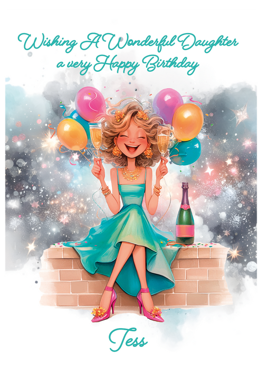 Birthday card with a woman holding balloons and a bottle of champagne, with personalised text. Personalised for name and relation