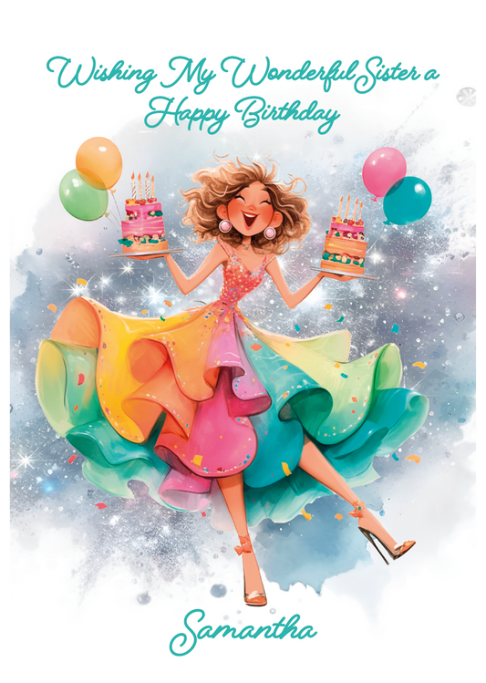 Birthday card with a colorful illustration of a woman holding cakes and balloons, with text 'Wishing My Wonderful Sister a Happy Birthday' and 'Samantha'. Personalised for name and relation