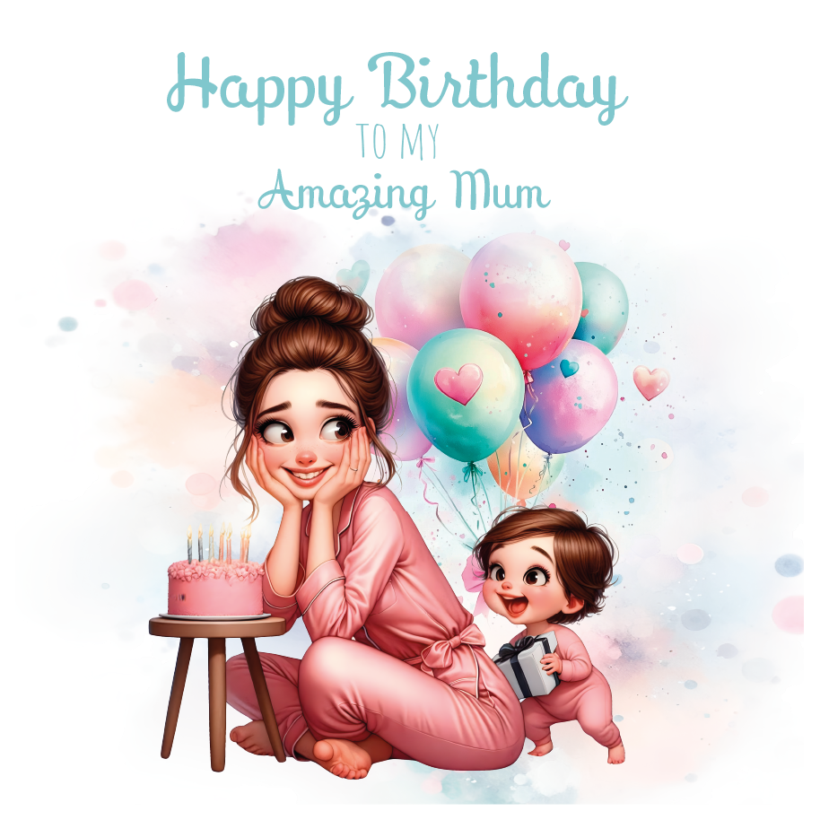 A birthday card with an illustration of a mom and daughter with a birthday cake and they daughter is giving her mum a present surrounded by balloons with birthday wishes for an amazing step mum. can be personalised for mum, mummy step mum or step mummy