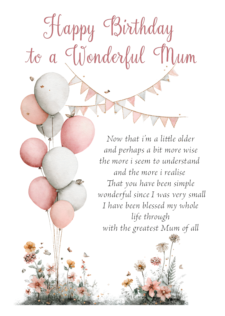 Greeting card with balloons, flowers, and birthday message for a wonderful mum.