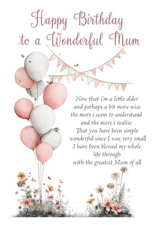 Greeting card with balloons, flowers, and birthday message for a wonderful mum.