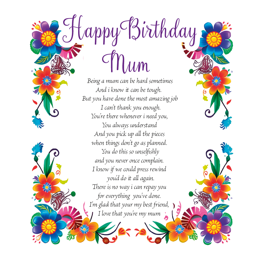 Happy Birthday Mum card with colorful flowers and a heartfelt message on a white background