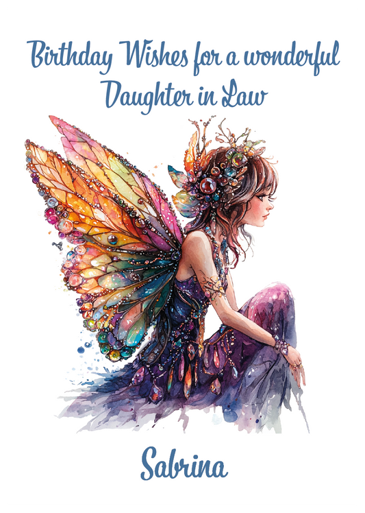 Fairy with colorful wings and dress on a white background with birthday wishes text. Personalised for name and relation