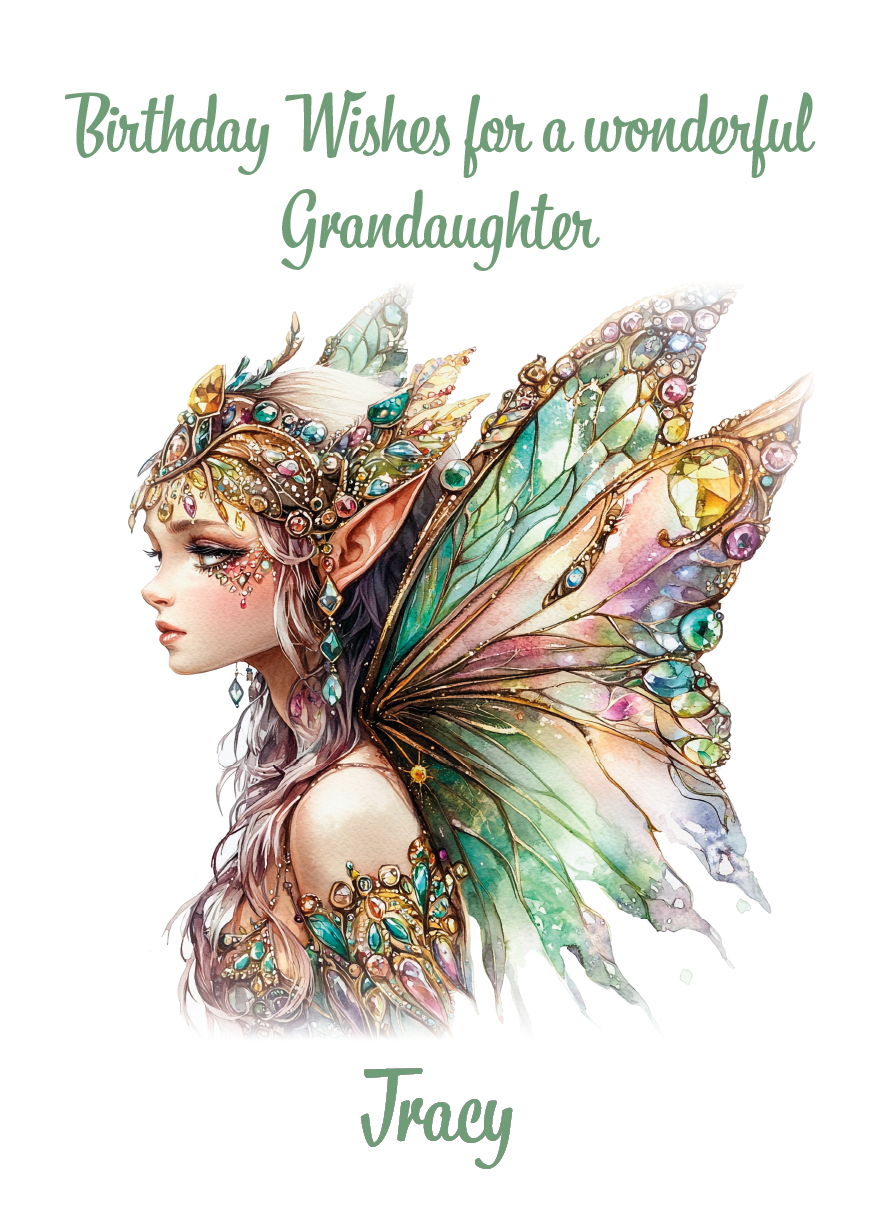 Illustration of a fairy with colorful wings and jewelry, with birthday wishes text. Personalised for name and relation