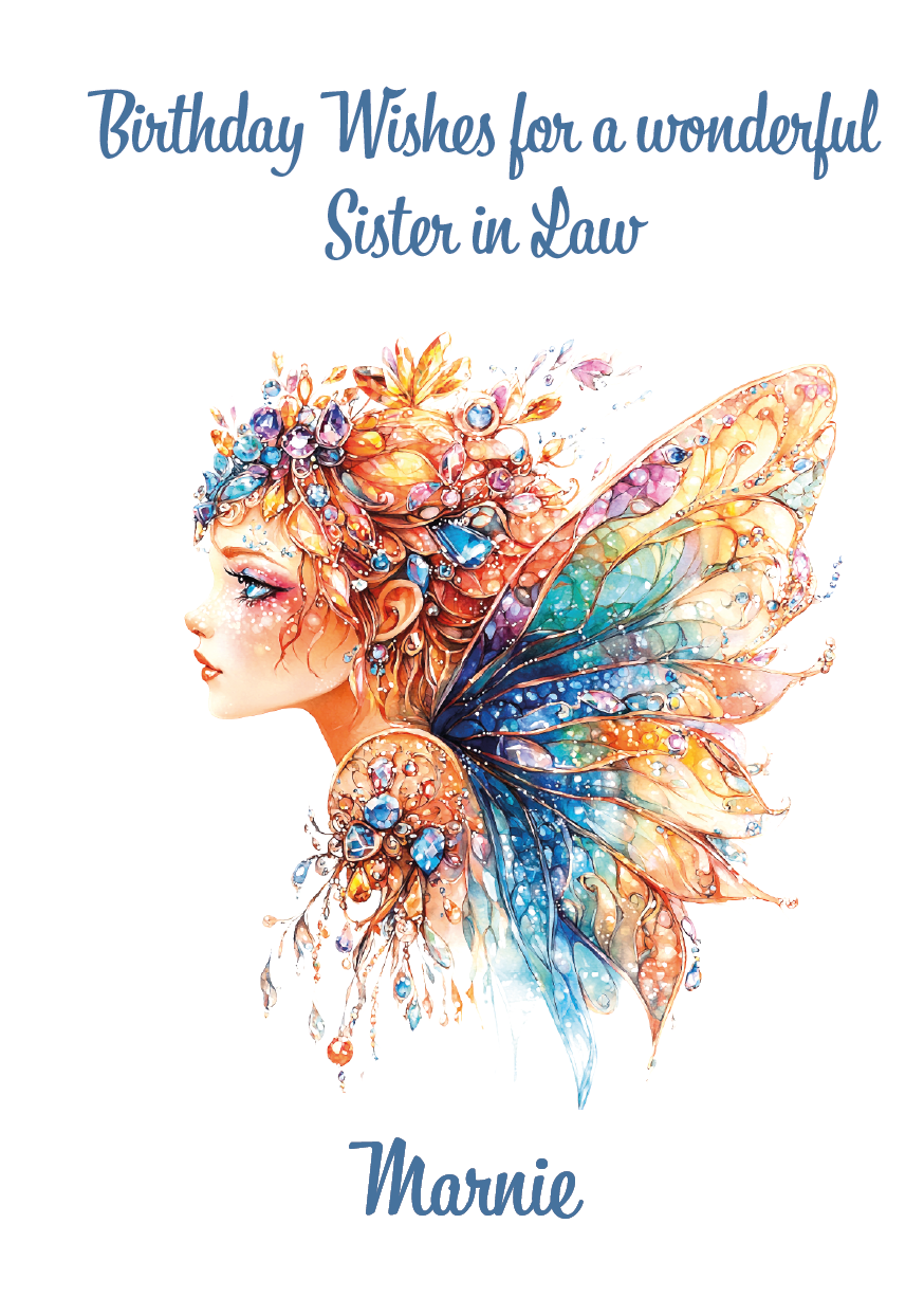 Greeting card with a colorful fairy illustration and 'Birthday Wishes for a wonderful Sister in Law' text.Personalised for name and relation