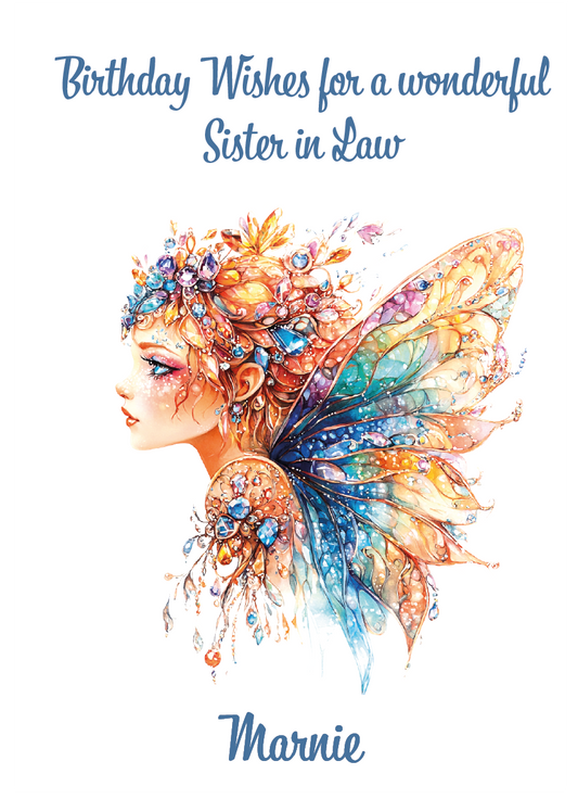 Greeting card with a colorful fairy illustration and 'Birthday Wishes for a wonderful Sister in Law' text.Personalised for name and relation