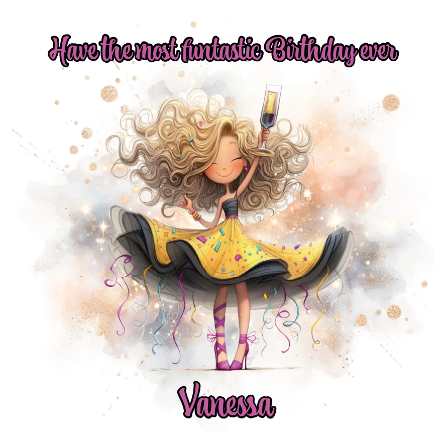 Illustration of a girl in a yellow dress with a birthday message and the name 'Vanessa'. Can be personalised for name and relation