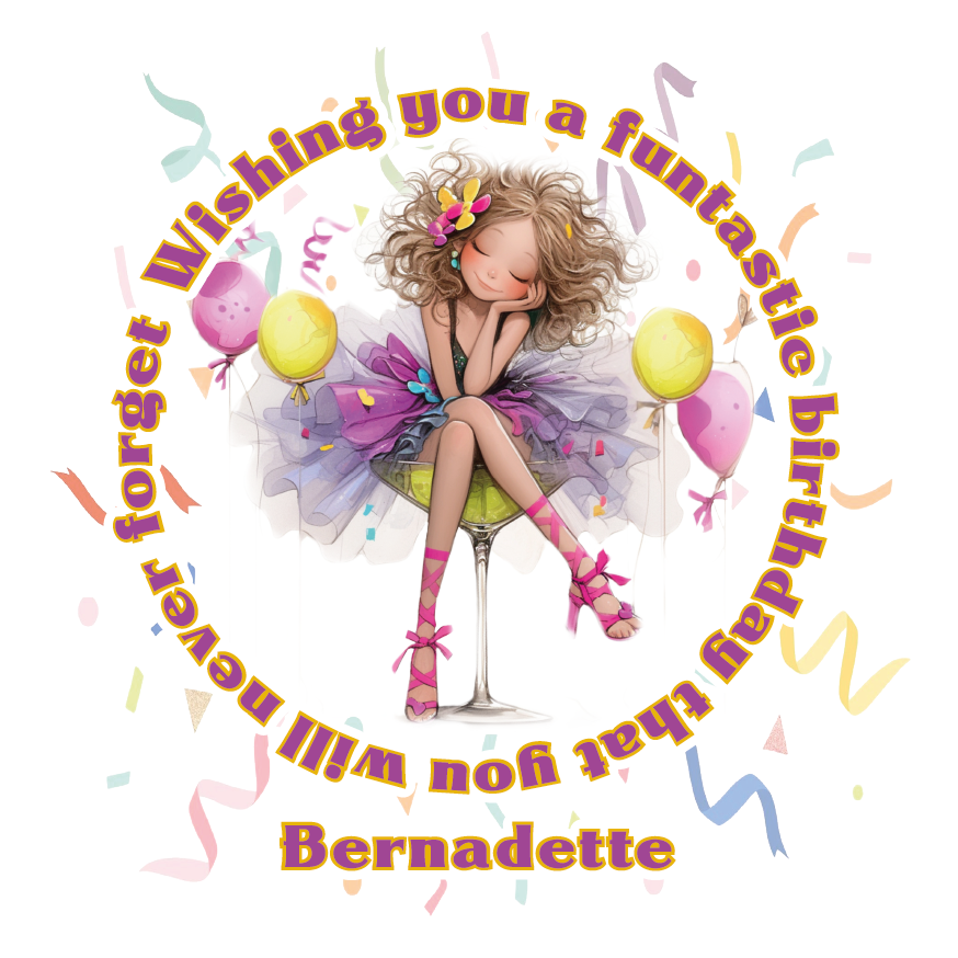Illustration of a birthday girl sitting on a cocktail glass with colorful text and balloons. Can be personalised for name and relation