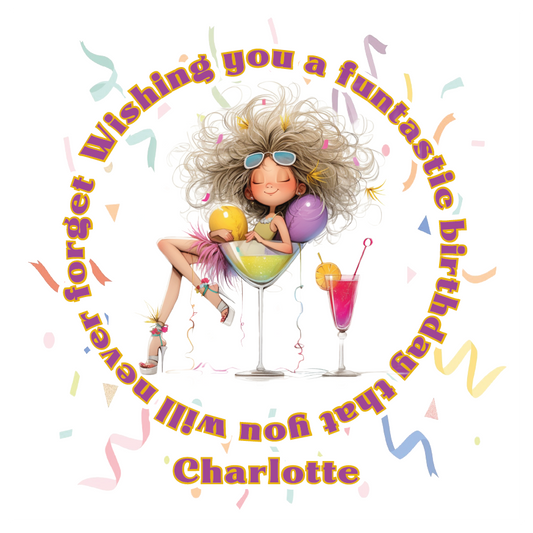 Cartoon character sat in a cocktail glass in a birthday-themed setting with colorful text and confetti. Can be personalised for name and relation