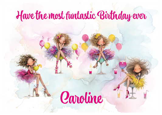 Cartoon party ladies sat in cocktail with balloons and birthday wishes on a white background lasses wearing tutus and surrounded by balloons . Can be personalised for name and relation
