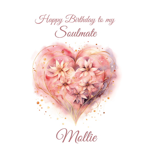 Heart-shaped floral design with 'Happy Birthday to my Soulmate' text on a white background