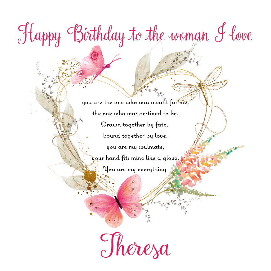 Birthday card with butterflies, flowers, and romantic heartfelt message on a white background