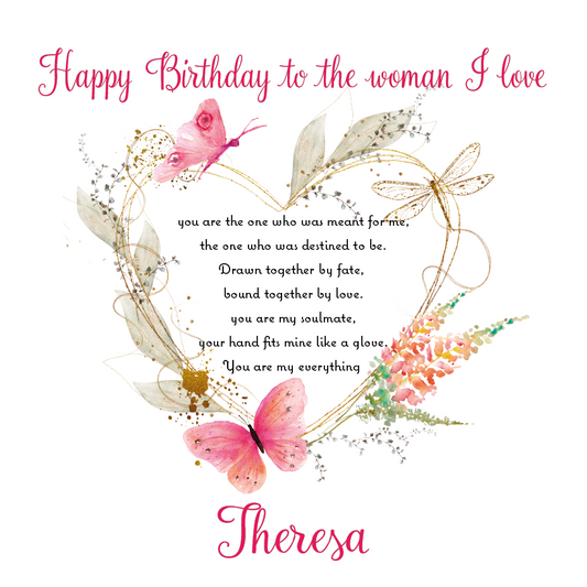 Birthday card with butterflies, flowers, and romantic heartfelt message on a white background