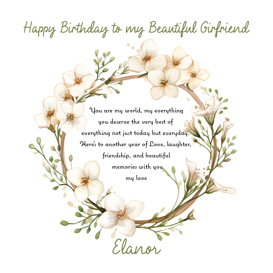 Birthday card for a girlfriend with floral design and heartfelt message.