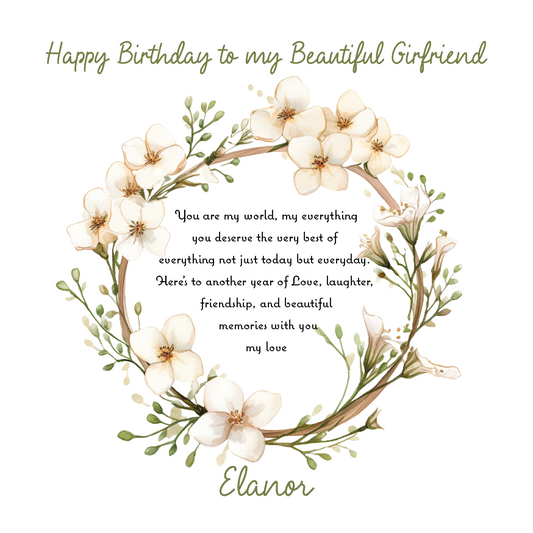 Birthday card for a girlfriend with floral design and heartfelt message.