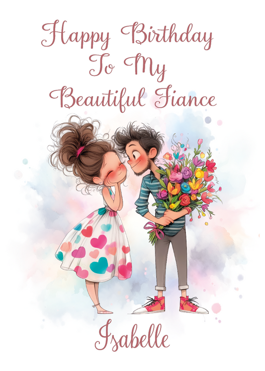 Birthday Card with an illustration of a man holding a bunch of flowers giving them to a woman wearing a pretty dress with personalised text for name and relationship