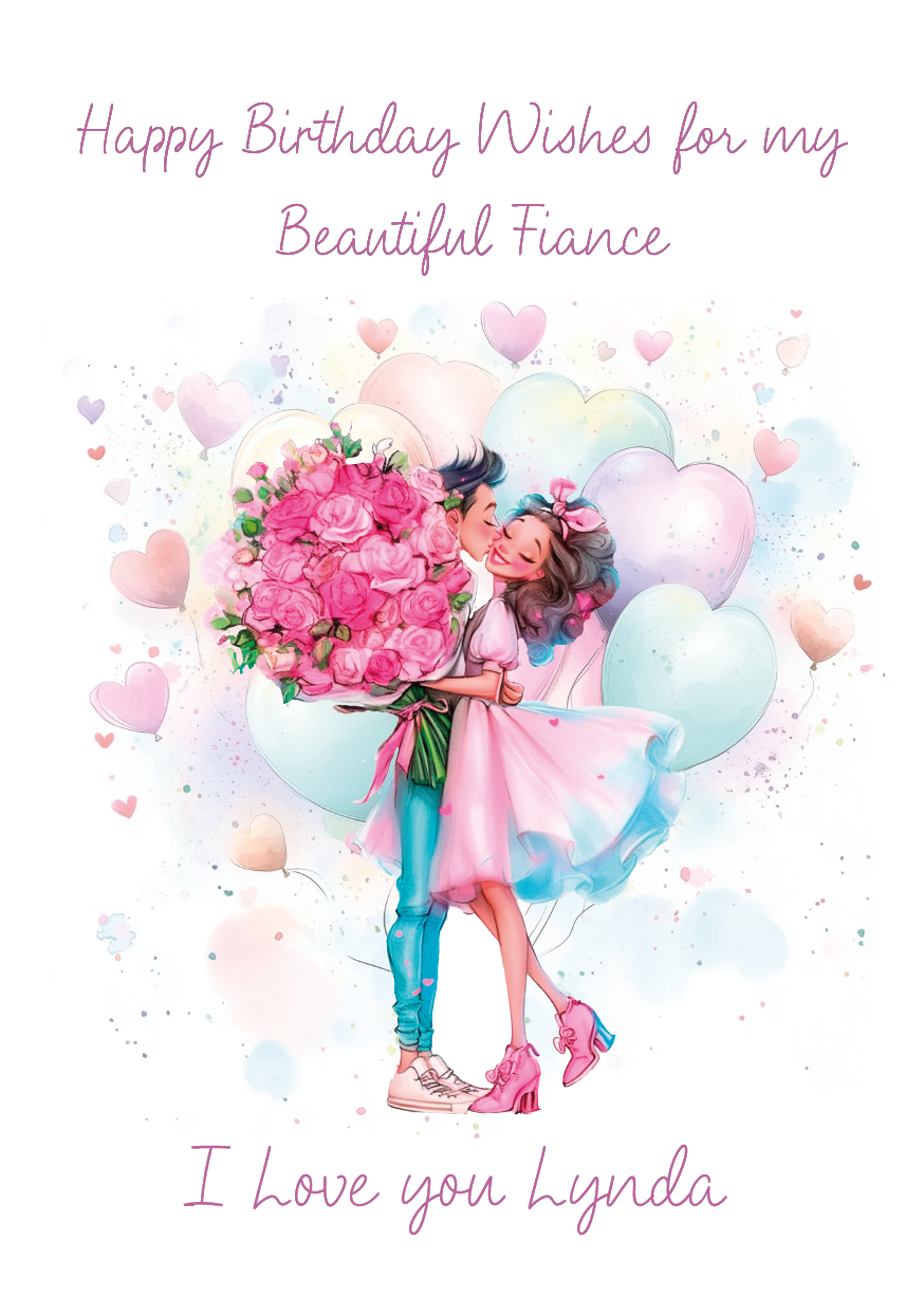 Birthday Card with an illustration of a man holding a bunch of flowers giving them to a woman wearing a pretty dress surrounded by heart shaped, pastel colour balloons with personalised text for name and relationship